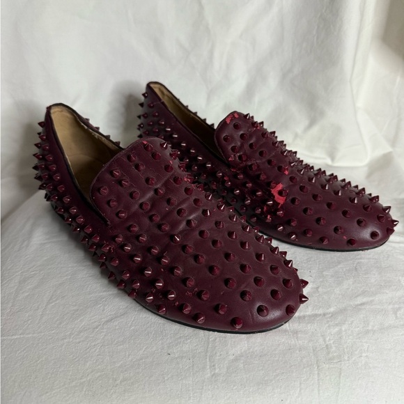 Men’s Christian Louboutin Burgundy Leather Spike Loafers 11 - Picture 10 of 10